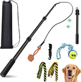 FelRelWel Dog Flirt Pole with adjustable wand, multiple attachments, and carrying bag for dog play